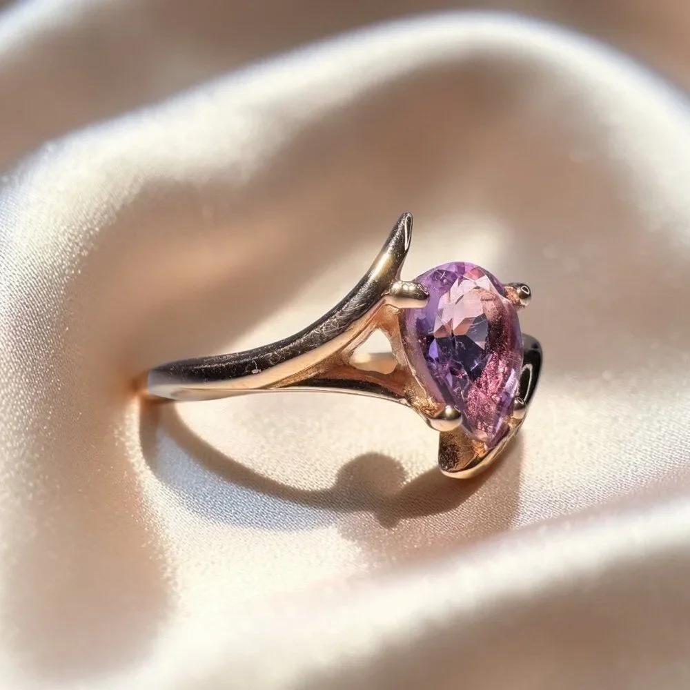 ESTATE- 10K Rose Gold Amethyst Ring -Solitaire Bypass -Size 6 -Pear Cut - 2.2g